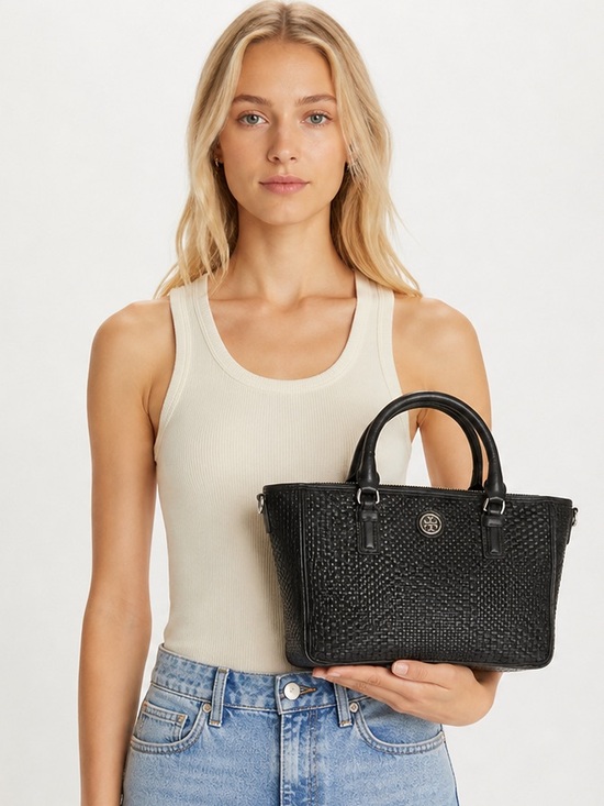 Tory Burch Handbags - Tory Burch Robinson Black Basket Weave Leather Small Tote Satchel with Chain